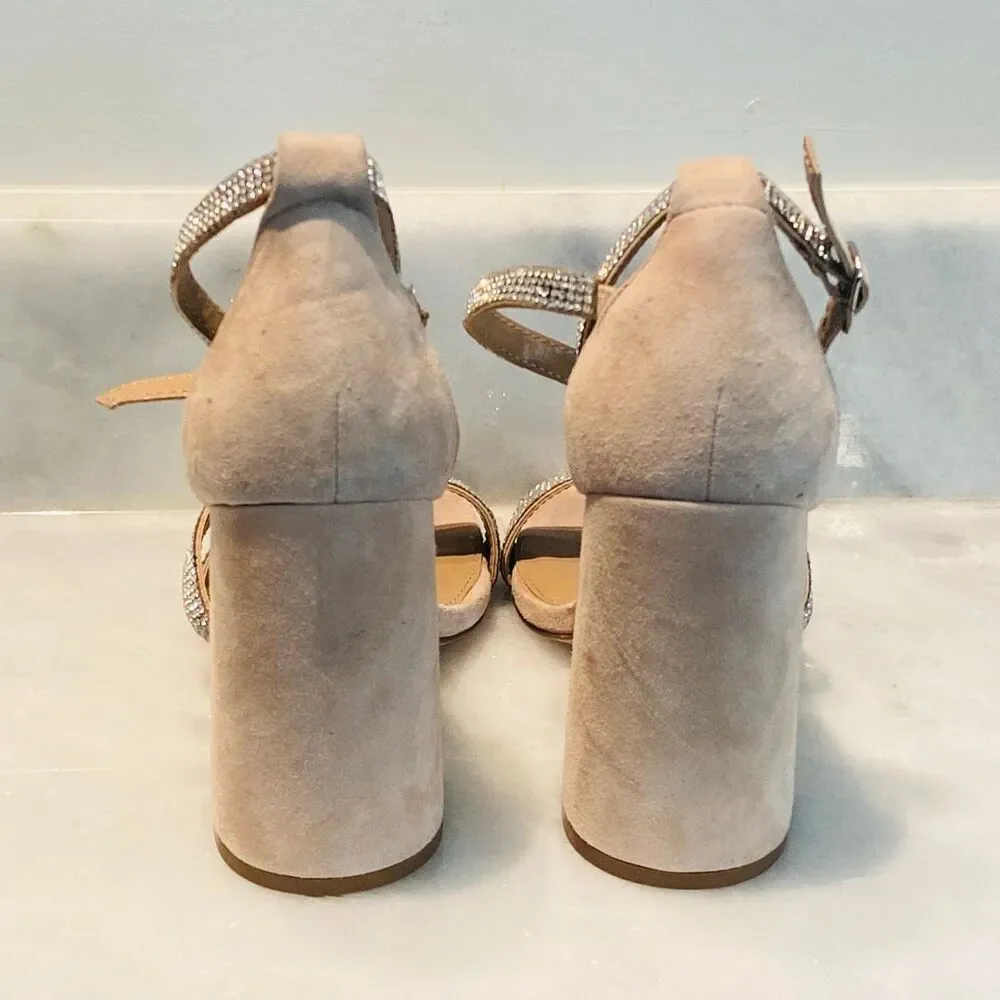 Steve Madden Suede Rhinestone Embellished Block Heel Varali Sandals Nude Sz 7.5 - Picture 2 of 6